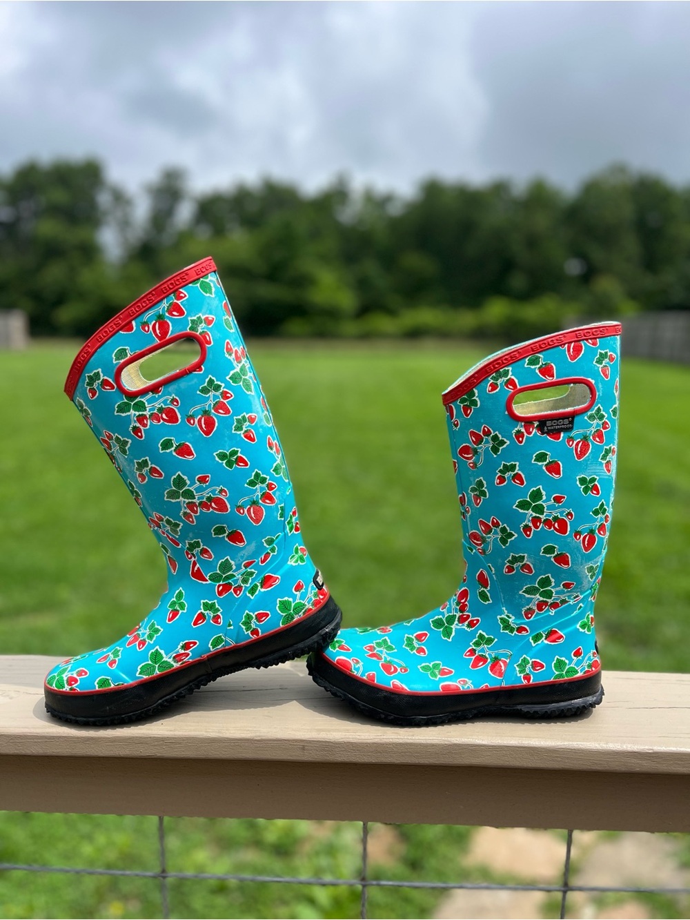 BOGS  Women’s Teal Rain Boots with Red Strawberry Print